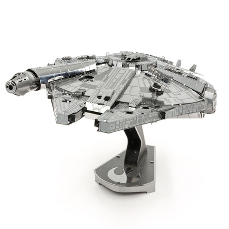 Metal model of the Millennium Falcon on a white background