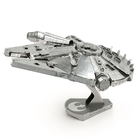 Metal model of the Millennium Falcon on a white background