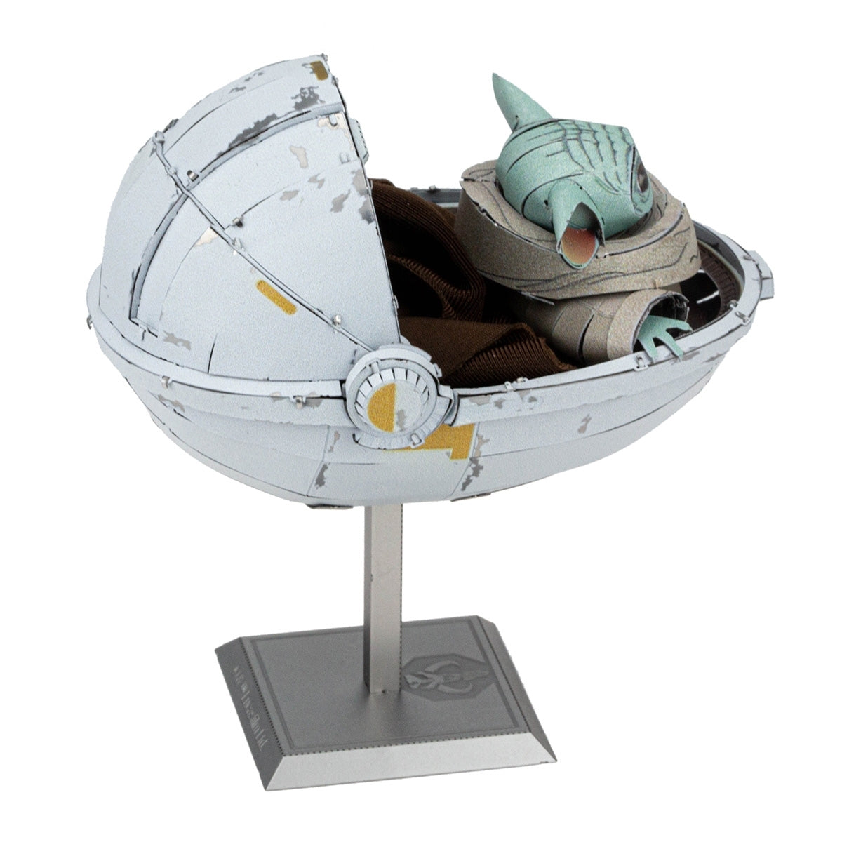 Metal Star Wars The Child model  with a stand on a white background