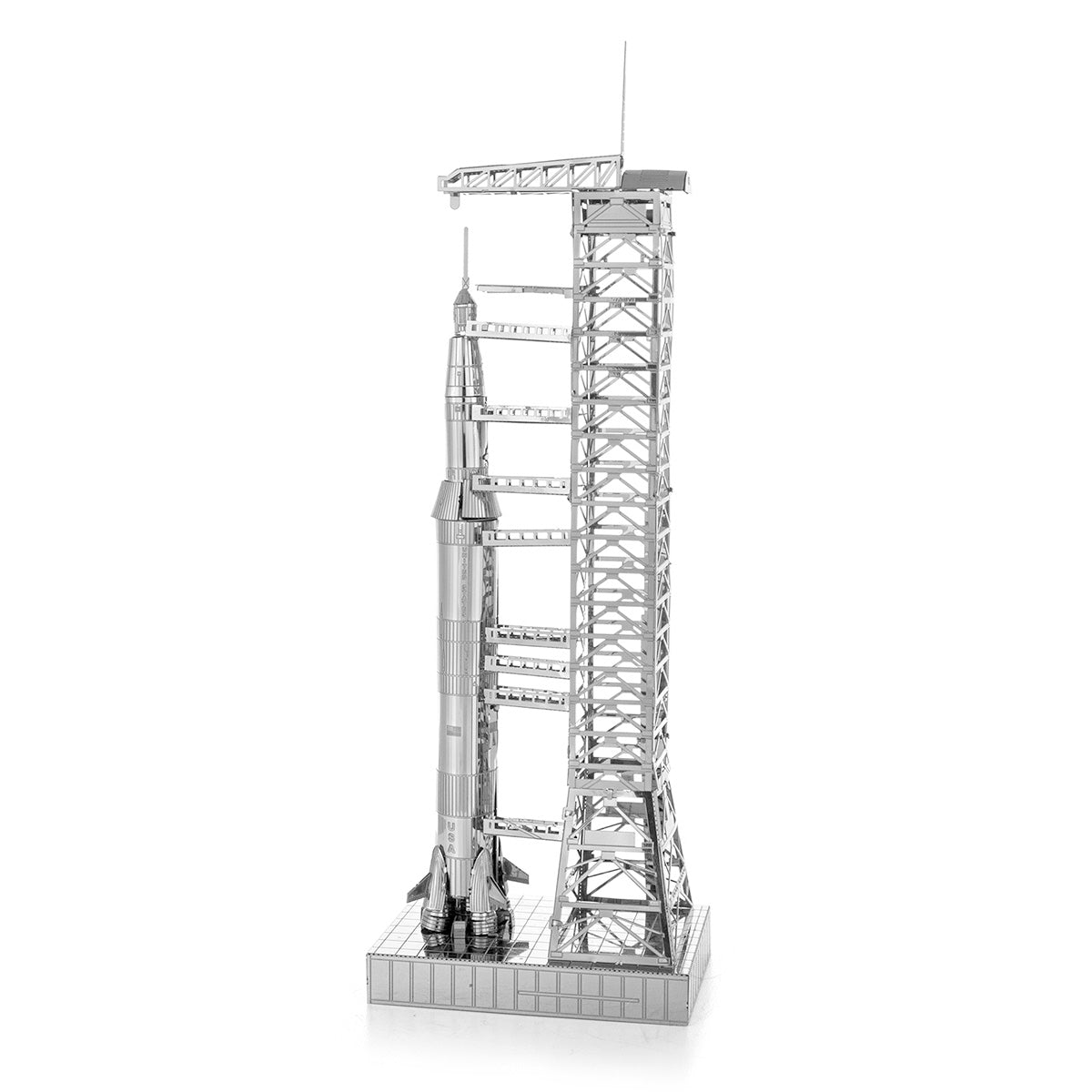 Metal model Apollo Saturn V with Gantry on a white background