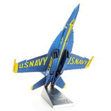 Blue Angels F/A-18 Super Hornet model in blue and yellow colors displayed on a stand, featuring U.S. Navy markings and detailed design for collectors and kids.