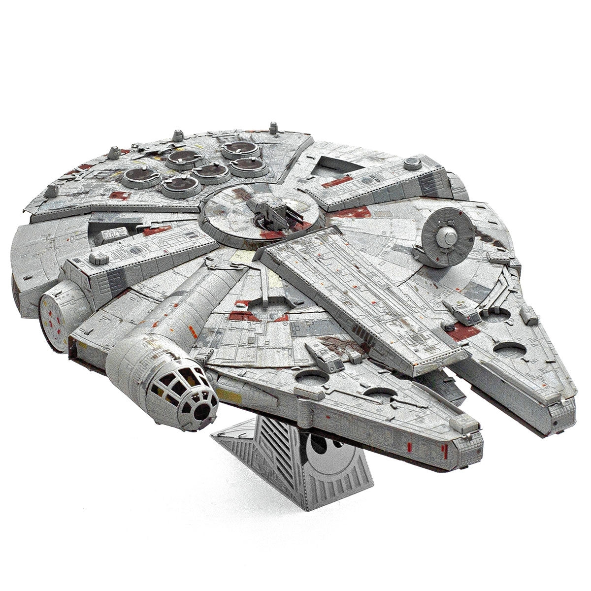 Metal model of the Millennium Falcon spaceship on a white background