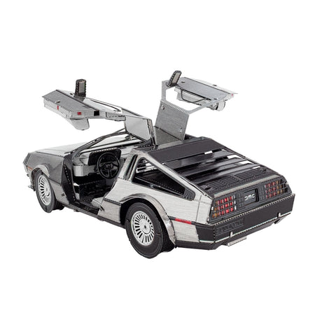 Metal model of a DeLorean car with open doors on a white background