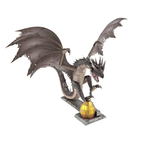 Metal model of a Hungarian Horntail from Harry Potter on a white background