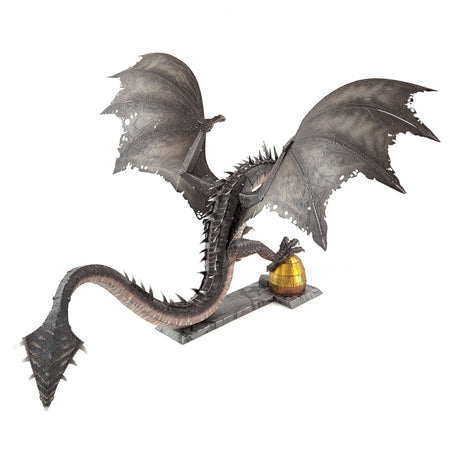 Metal model of a Hungarian Horntail from Harry Potter  with wings spread on a white background