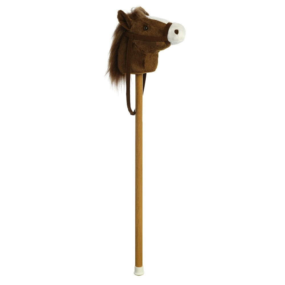 Plush horse head on a stick with a brown body and white face on a white background