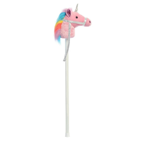 Plush unicorn on a stick with a rainbow mane against a white background