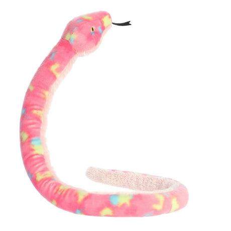 Pink plush snake toy with colorful patterns on a white background