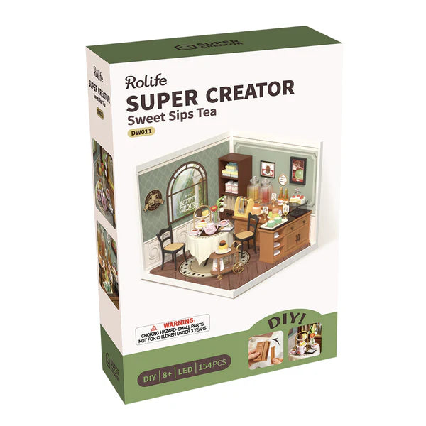 Rolife Super Creator Sweet Sips Tea packaging with miniature tea set scene on a white background