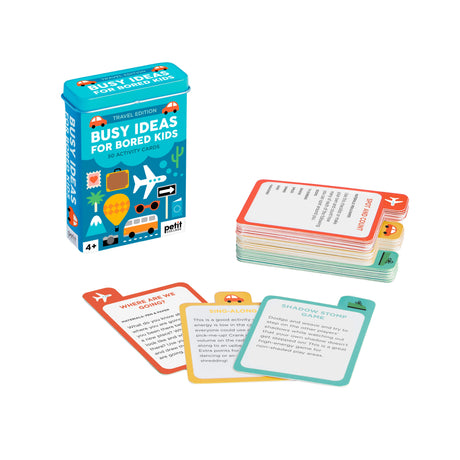 Set of 'Busy Ideas for Bored Kids' travel edition cards with a colorful packaging box.