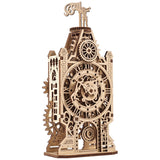 Wooden Old Clock Tower model of a clock tower with gears on a white background