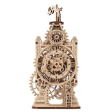A  wooden mechanical model Old Clock Tower with intricate gears, Roman numerals, and a decorative top figure, shown on a solid white background.