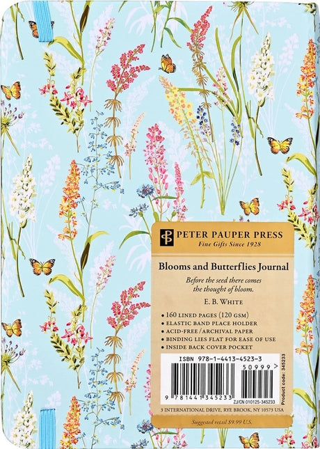 Floral and butterfly design on the back of a journal with Peter Pauper Press branding.