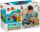 LEGO Dinosaur Spidey-Rex vs. Green Goblin Duplo toy set packaging with a child playing with the toys inside.