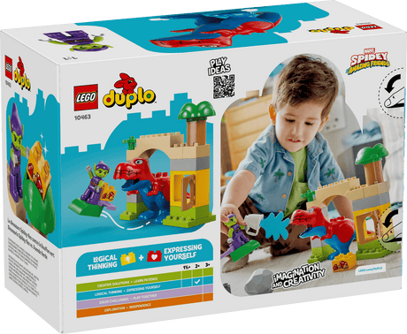 LEGO Dinosaur Spidey-Rex vs. Green Goblin Duplo toy set packaging with a child playing with the toys inside.