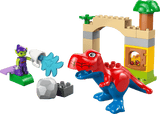 Lego Dinosaur Spidey-Rex vs. Green Goblin toy set with a dinosaur, character, and building block structure on a transparent background