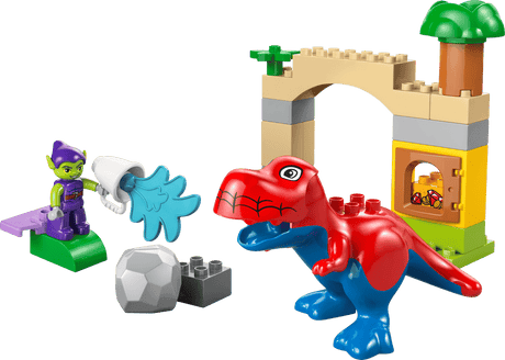 Lego Dinosaur Spidey-Rex vs. Green Goblin toy set with a dinosaur, character, and building block structure on a transparent background