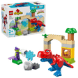 LEGO Dinosaur Spidey-Rex vs. Green Goblin Duplo toy set with dinosaur figure, character, and building elements on a clear background