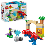 LEGO Dinosaur Spidey-Rex vs. Green Goblin Duplo toy set with dinosaur figure, character, and building elements on a clear background