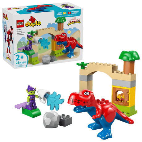 LEGO Dinosaur Spidey-Rex vs. Green Goblin Duplo toy set with dinosaur figure, character, and building elements on a clear background