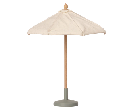 A small Maileg Sunshade, Miniature with a cream fabric canopy, a natural wood pole, and a muted sage green base, shown against a plain white background.