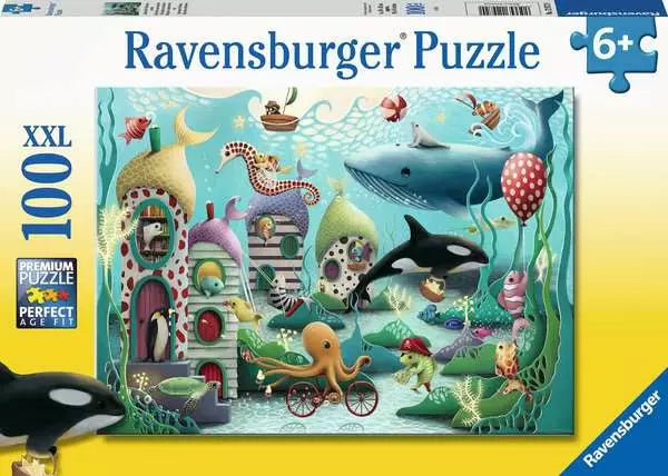 Ravensburger Colorful Underwater Wonders (100 pc Puzzle) box with colorful underwater scene featuring sea creatures and houses.
