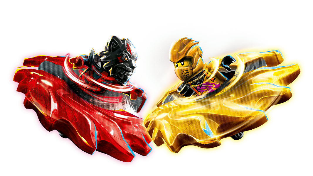 Two spinning LEGO® figures in battle action with swirling red and gold energy effects from the 71826 LEGO® Dragon Spinjitzu Battle Pack set.