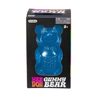 Blue Nee Doh Gummy Bear in a black box with colorful text on a white background