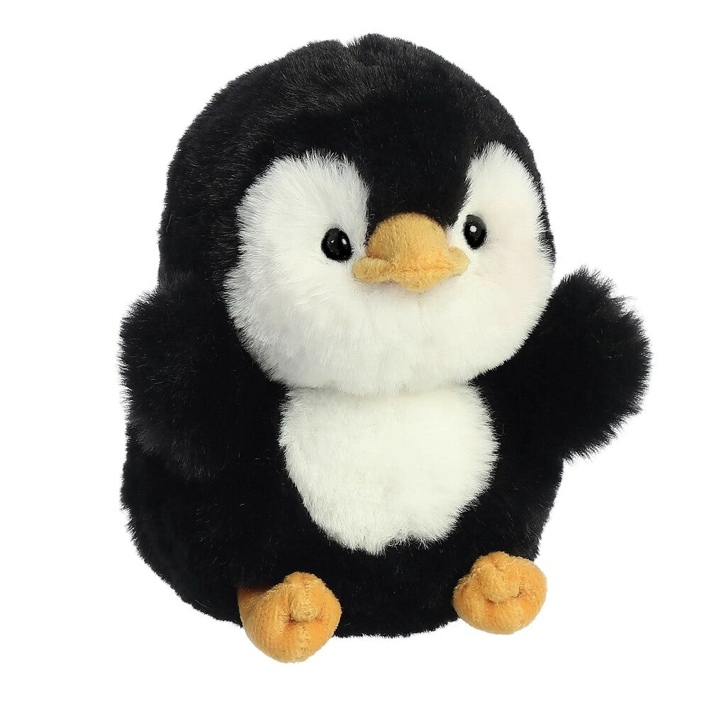 Plush penguin toy on a white background