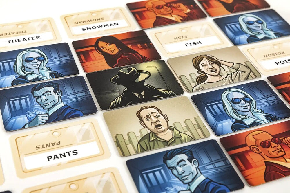 Collection of Codenames game cards with various characters and text on a white background