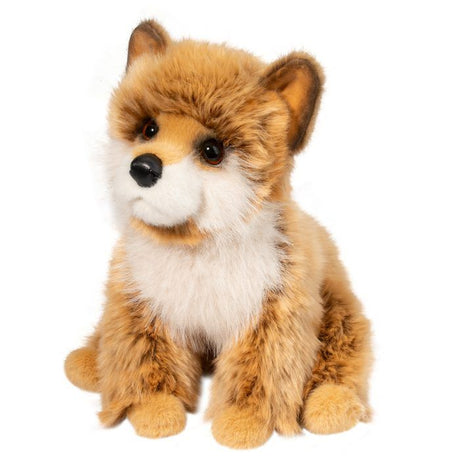 Plush toy Dove Pomsky with brown and white fur on a white background