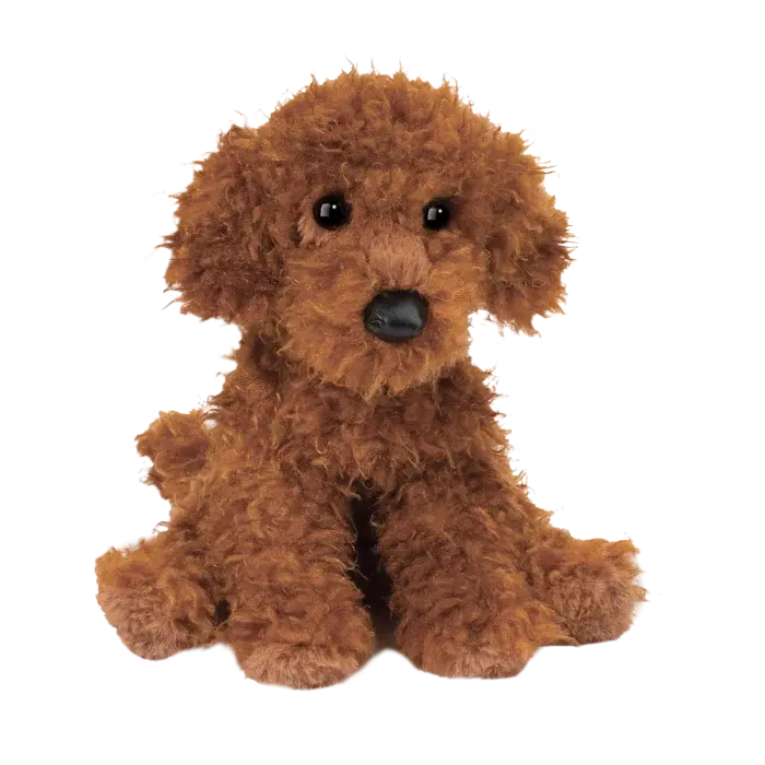 Soft and cuddly Ginger Miniature Poodle plush toy with curly brown fur and expressive black eyes, perfect for a child's cozy companion or gift.