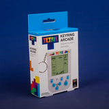 Tetris keyring arcade device packaging on a blue background