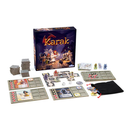 Board game set with 'Karak' box and various components on a white background