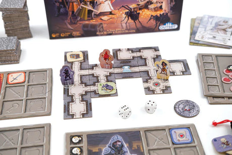 Karak board game components including tiles, dice, and character figures on a white surface.
