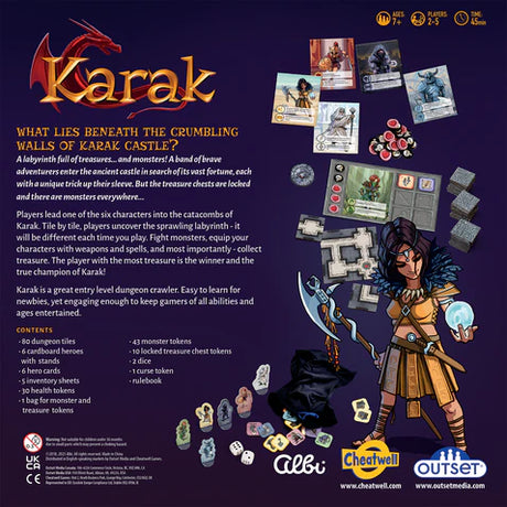 Karak game box with character illustration, game components, and text on a dark background