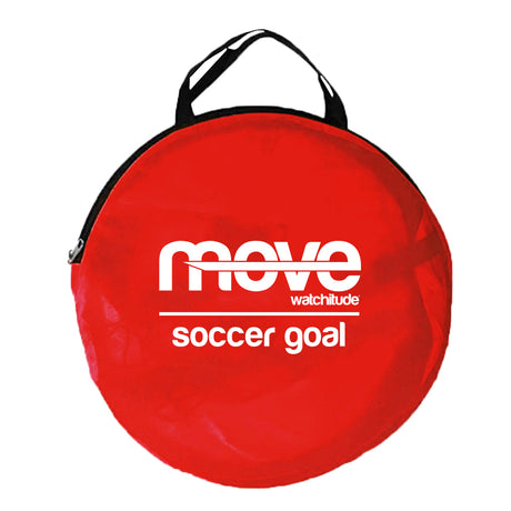 Red Foldable Mini Youth Soccer Goal for Kids carrying case with 'move watchitude' branding on a white background