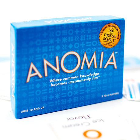 Blue box of the game 'Anomia' with a Mensa Select badge on a white background
