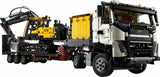 42175 LEGO® Volvo FMX Truck & EC230 Electric Excavator model featuring a detailed white and black Volvo truck carrying a yellow and black electric excavator on a trailer, perfect for construction toy enthusiasts.