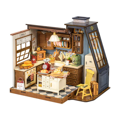 Detailed model of a miniature Baking Kitchen with various furniture and appliances on a white background