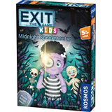 Board game box for 'Exit: The Game - Kids Midnight Spooktacular' by Kosmos, featuring a child with a flashlight and spooky characters.