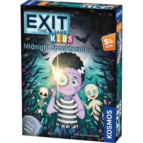 Board game box for 'Exit: The Game - Kids Midnight Spooktacular' by Kosmos, featuring a child with a flashlight and spooky characters.