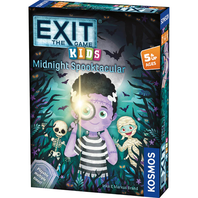 Board game box for 'Exit: The Game - Kids Midnight Spooktacular' by Kosmos, featuring a child with a flashlight and spooky characters.