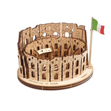 Wooden UGears Rome Colosseum 3D Wooden Model Kit with an Italian flag on a white background