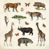 Set of illustrated animal stickers including a tiger, leopard, giraffe, rhinoceros, and hippo on a beige background.