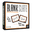 The game box for Blank Slate, featuring a white front with black and orange branding, two sample cards reading 'great' and 'Great', and a black side panel on a white background.