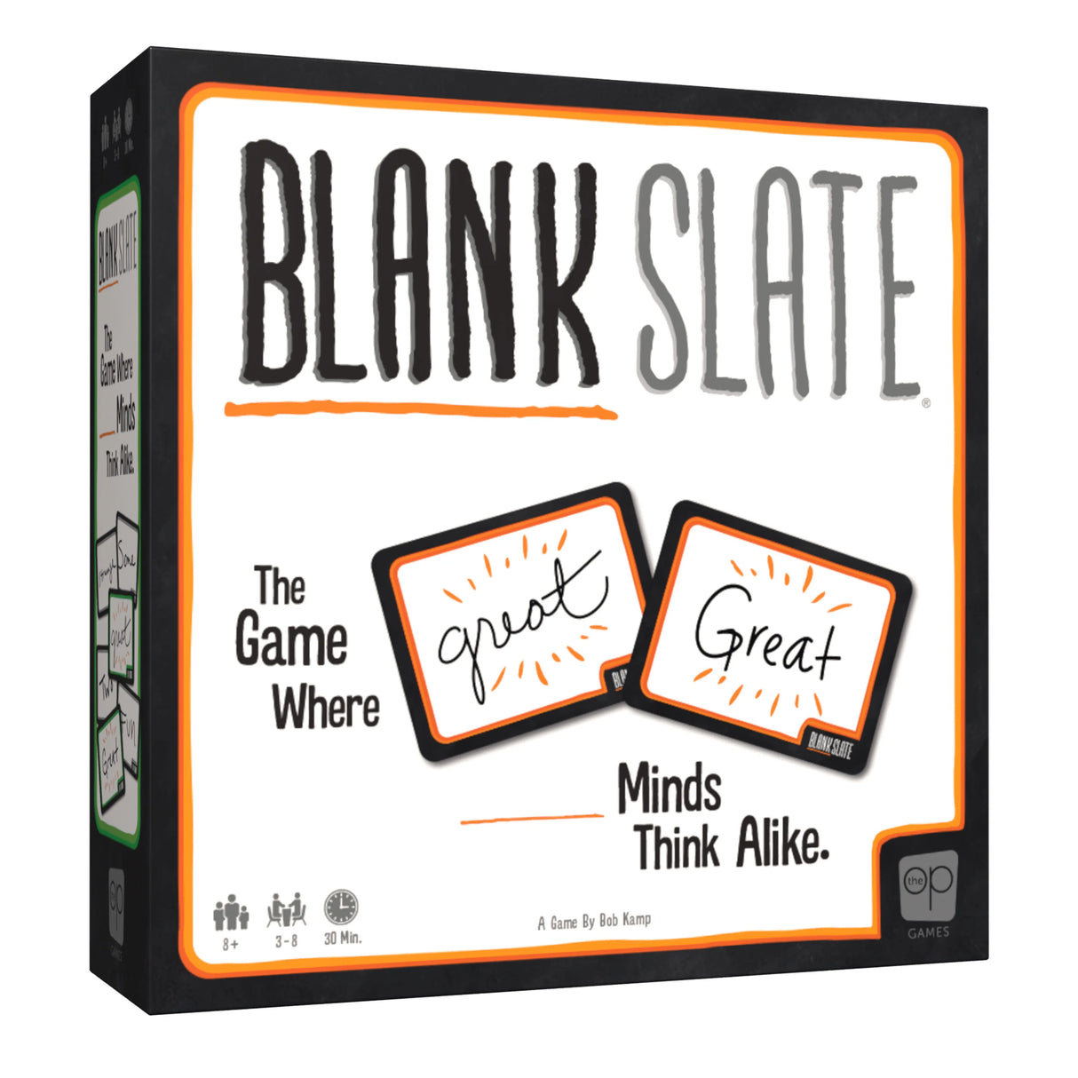 The game box for Blank Slate, featuring a white front with black and orange branding, two sample cards reading 'great' and 'Great', and a black side panel on a white background.