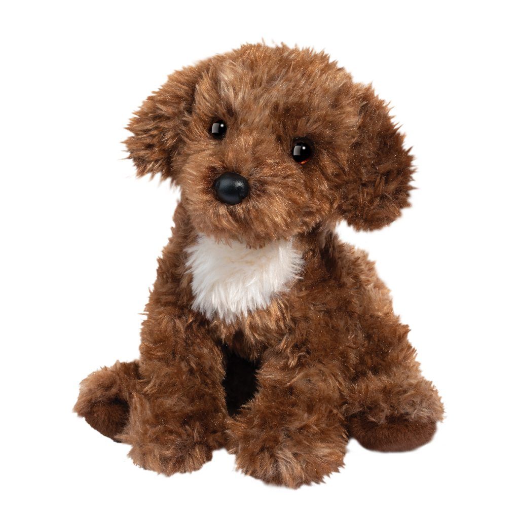 Brown plush Darby Doodle dog toy on a white background