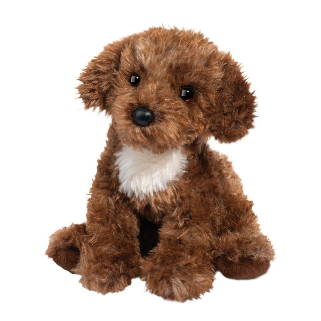 Brown plush Darby Doodle dog toy on a white background