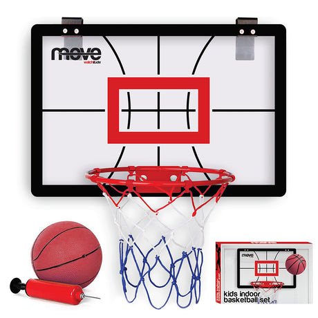 Kids Indoor Basketball Hoop Set with ball, pump, and packaging on a white background